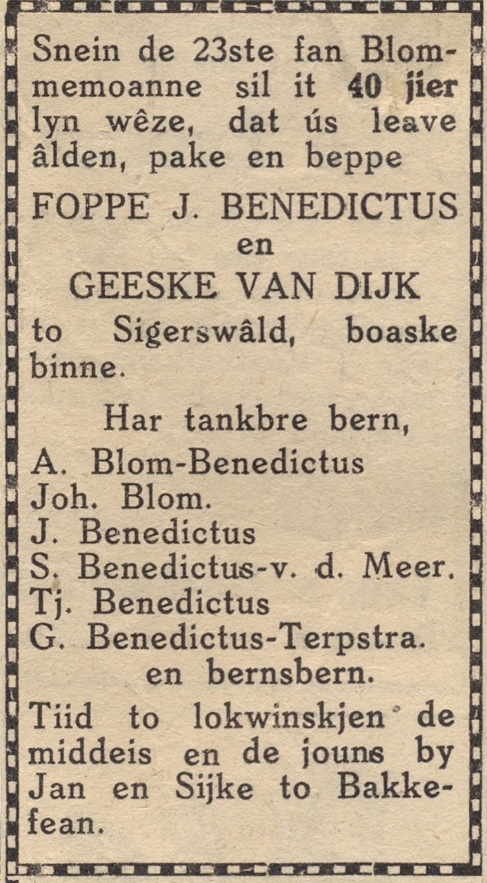 Foppe Benedictus en Geeske 40 jaar getrouwd