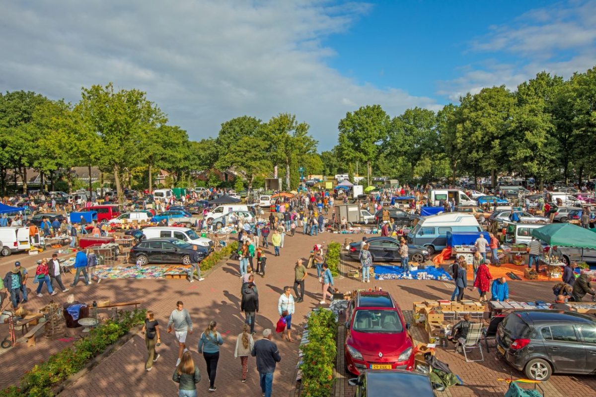 Kramen en bezoekers op de vlooienmarkt in Bakkeveen