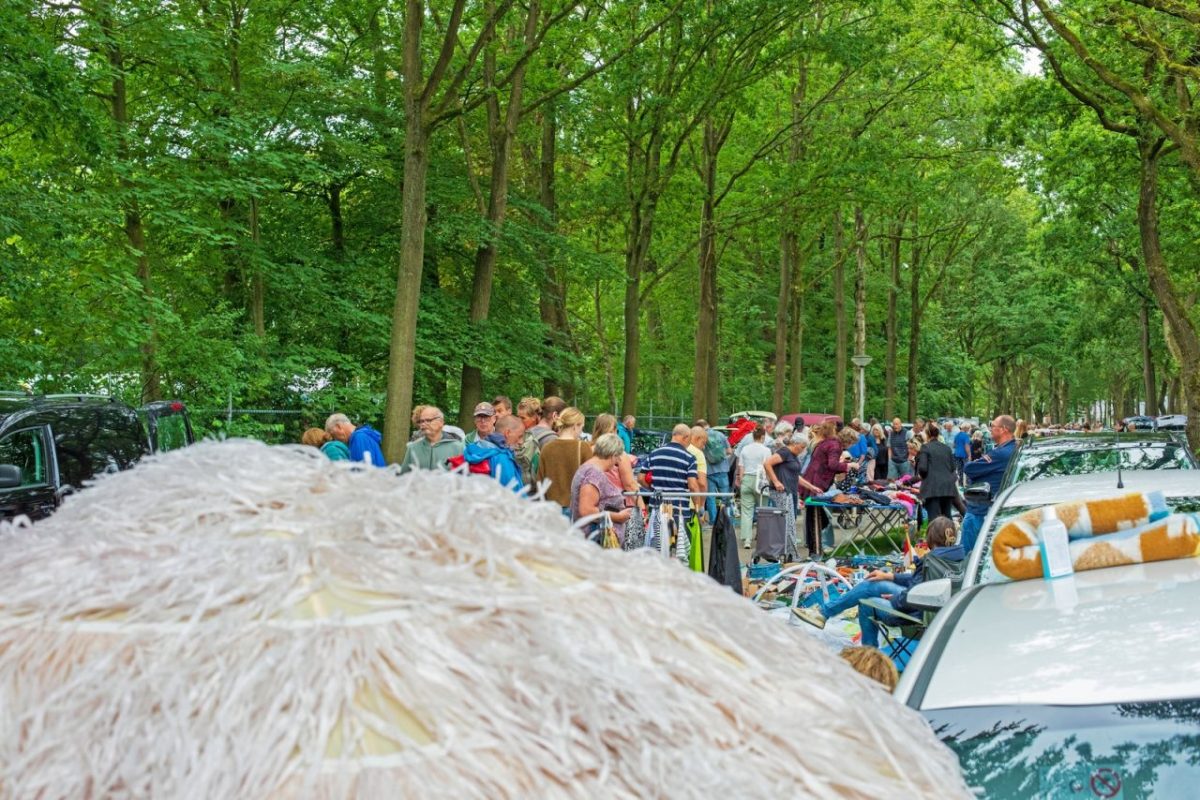 Bezoekers tussen de kramen op de vlooienmarkt